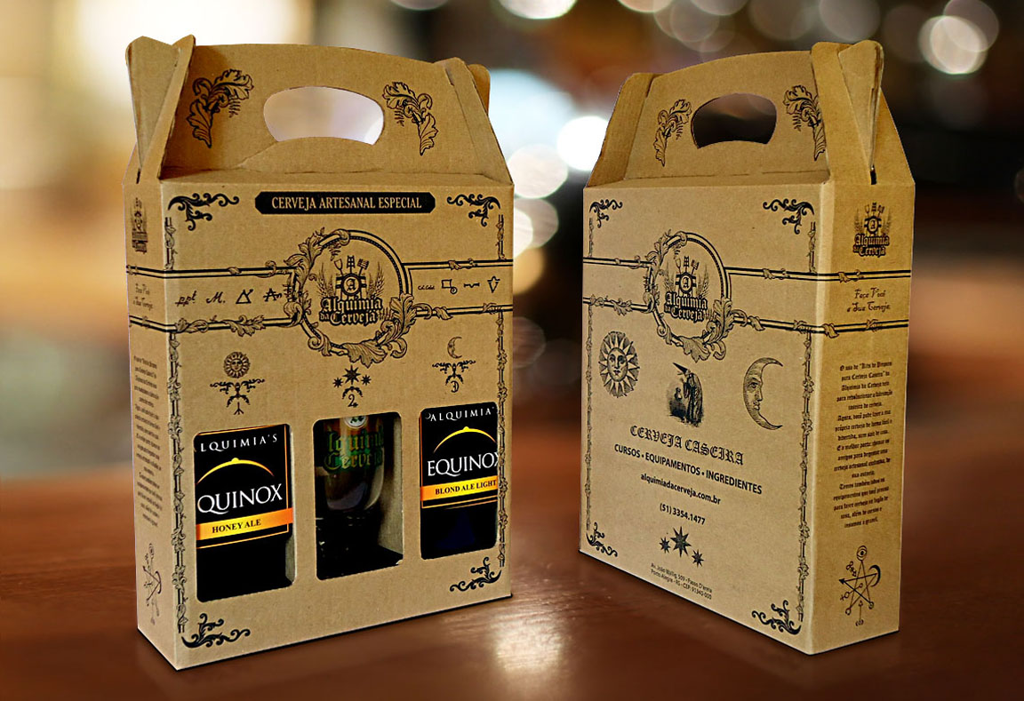 Embalagem maleta, caixa de papelão para 3 garrafas, alquimia da cerveja, packaging, design de embalagem